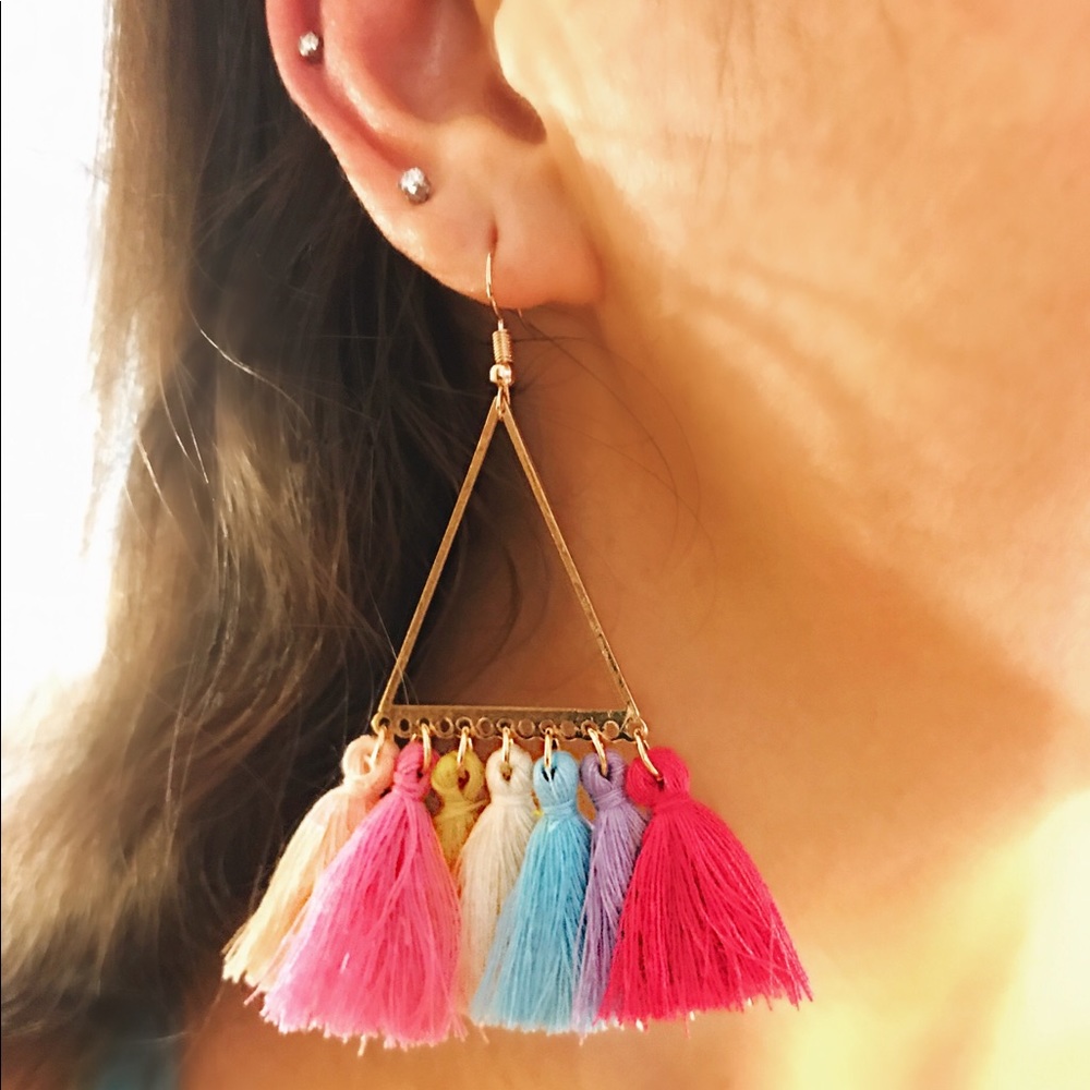 NEW!๐๐TASSEL TRIANGLE HOOP EARRING!๐๐GOLD TONE - Picture 3 of 16